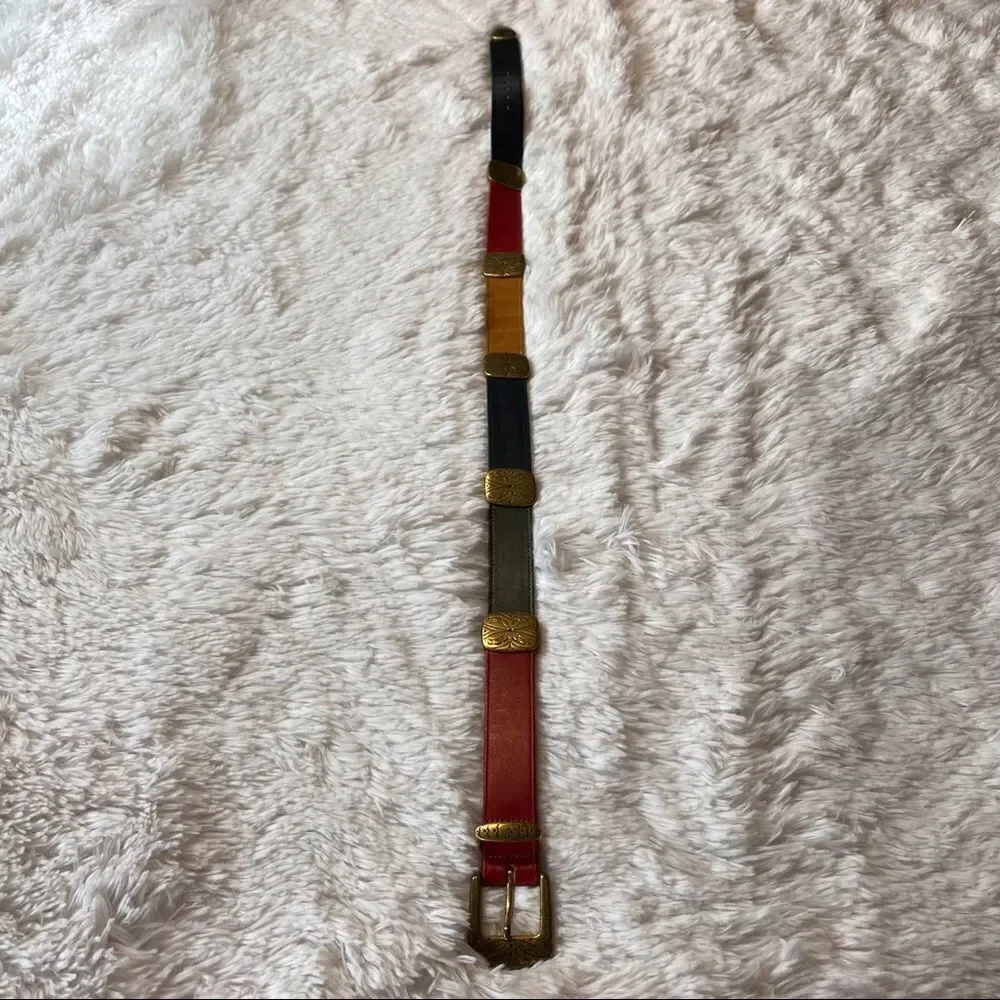 Brighton Vintage Multi-colored Leather Belt With Gold Tone Hardware